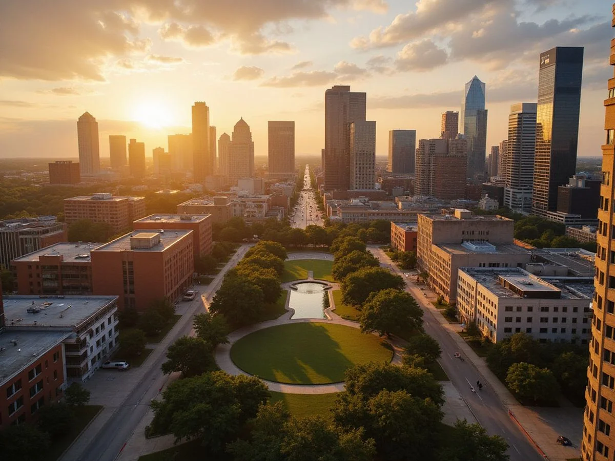 Aerial view of Uptown and Downtown Dallas high rise corridors at golden hour