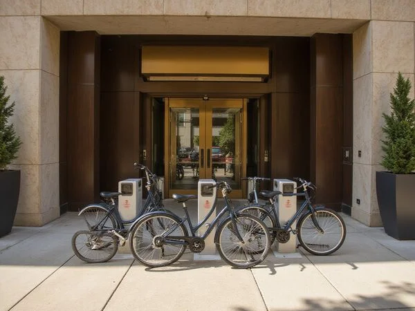 Bike share dock outside a Downtown Dallas high rise