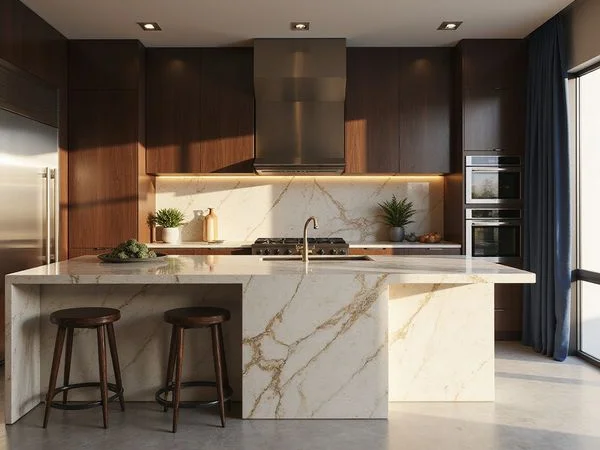 Chef's kitchen with marble waterfall island in an ultra-luxury Dallas apartment