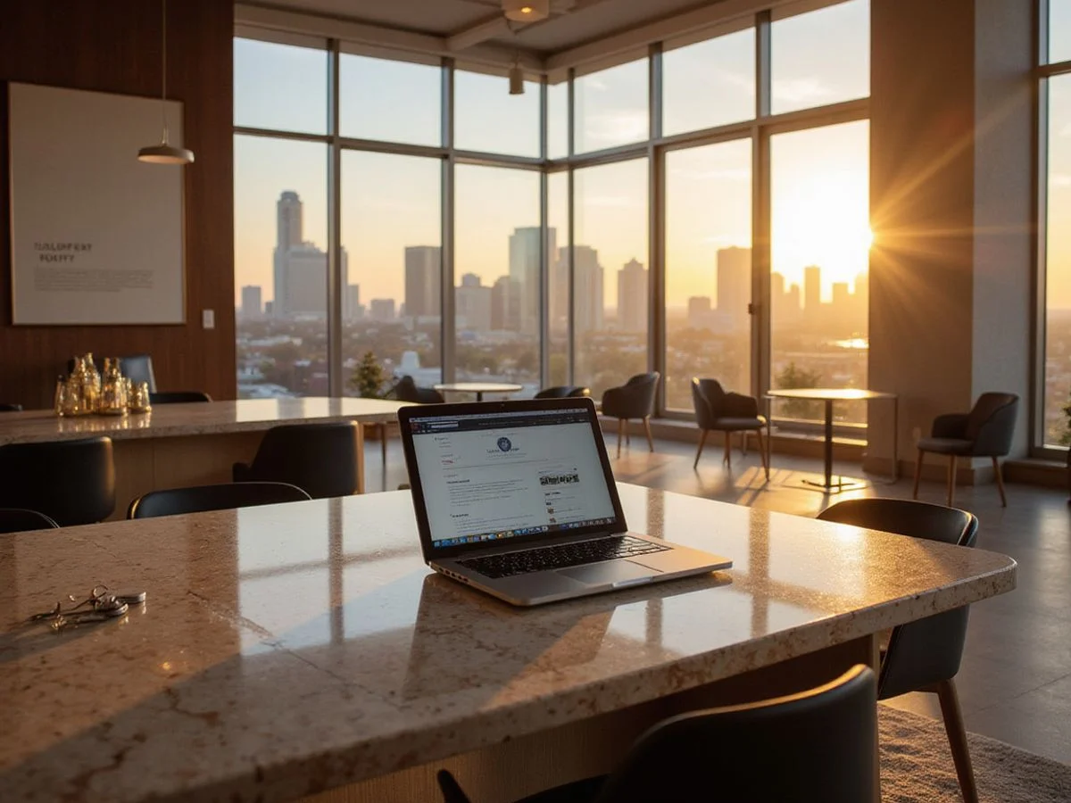 High rise leasing lounge at golden hour with the Uptown skyline through tall windows
