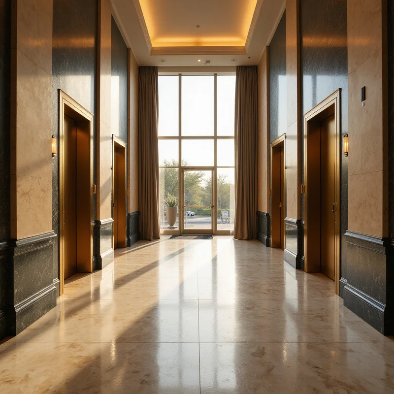 High rise lobby with marble floors and brass elevators where we meet clients