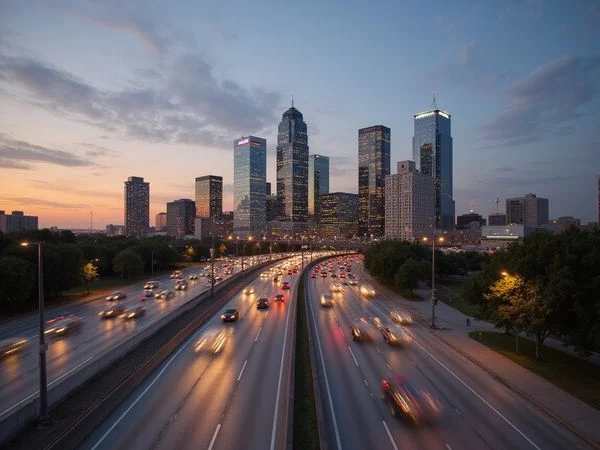 Dallas North Tollway at dusk with Uptown towers behind