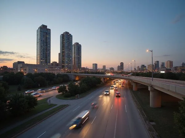 Dallas North Tollway with Uptown towers at dusk