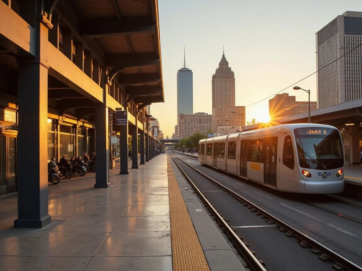 DART light rail train arriving at a Downtown Dallas station with towers behind