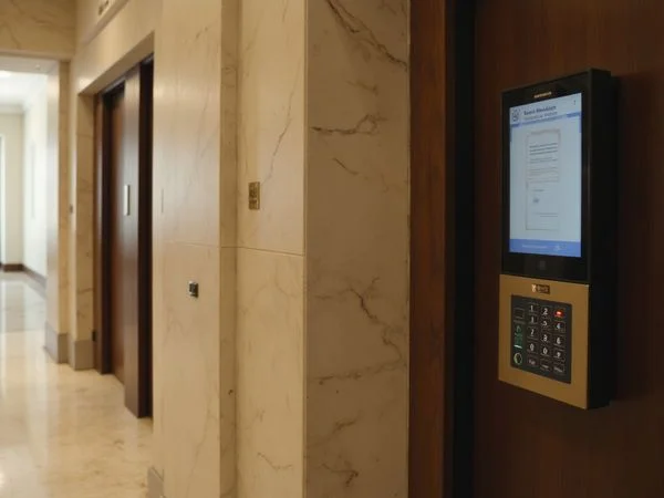 Destination dispatch elevator keypad in a modern Dallas lobby