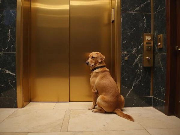 Dog waiting beside a brass elevator in a high rise lobby