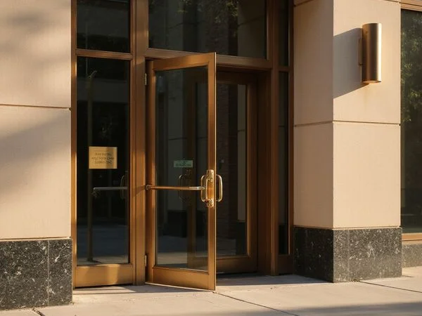 Downtown Dallas high rise entrance at dusk
