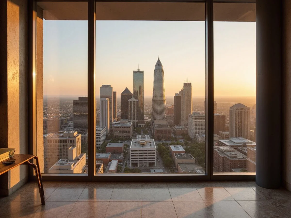 Downtown Dallas skyline at golden hour through floor-to-ceiling windows of a 40th-floor apartment