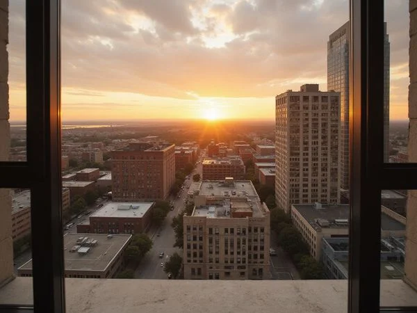 East-facing sunrise view over Deep Ellum rooftops