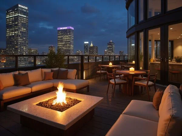 Fire pit lounge on a high rise rooftop terrace at night