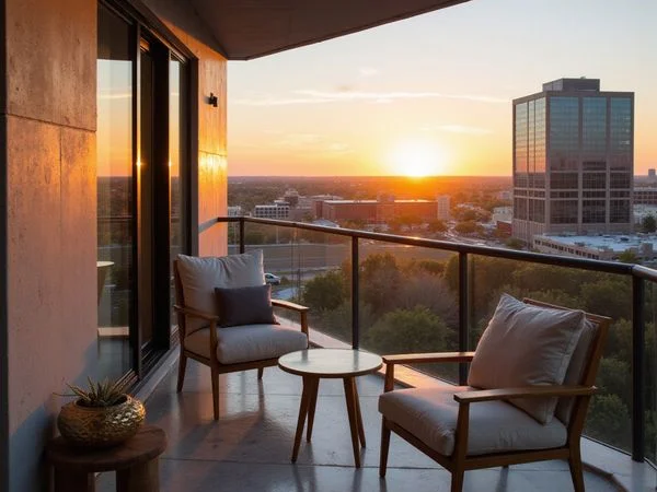 Furnished balcony high above Uptown Dallas at sunset