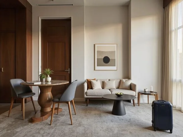 Furnished corporate apartment with a suitcase by the door