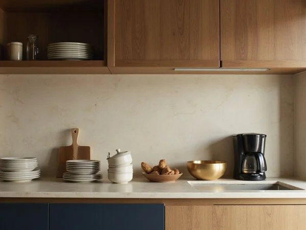 Furnished high rise kitchen stocked with housewares