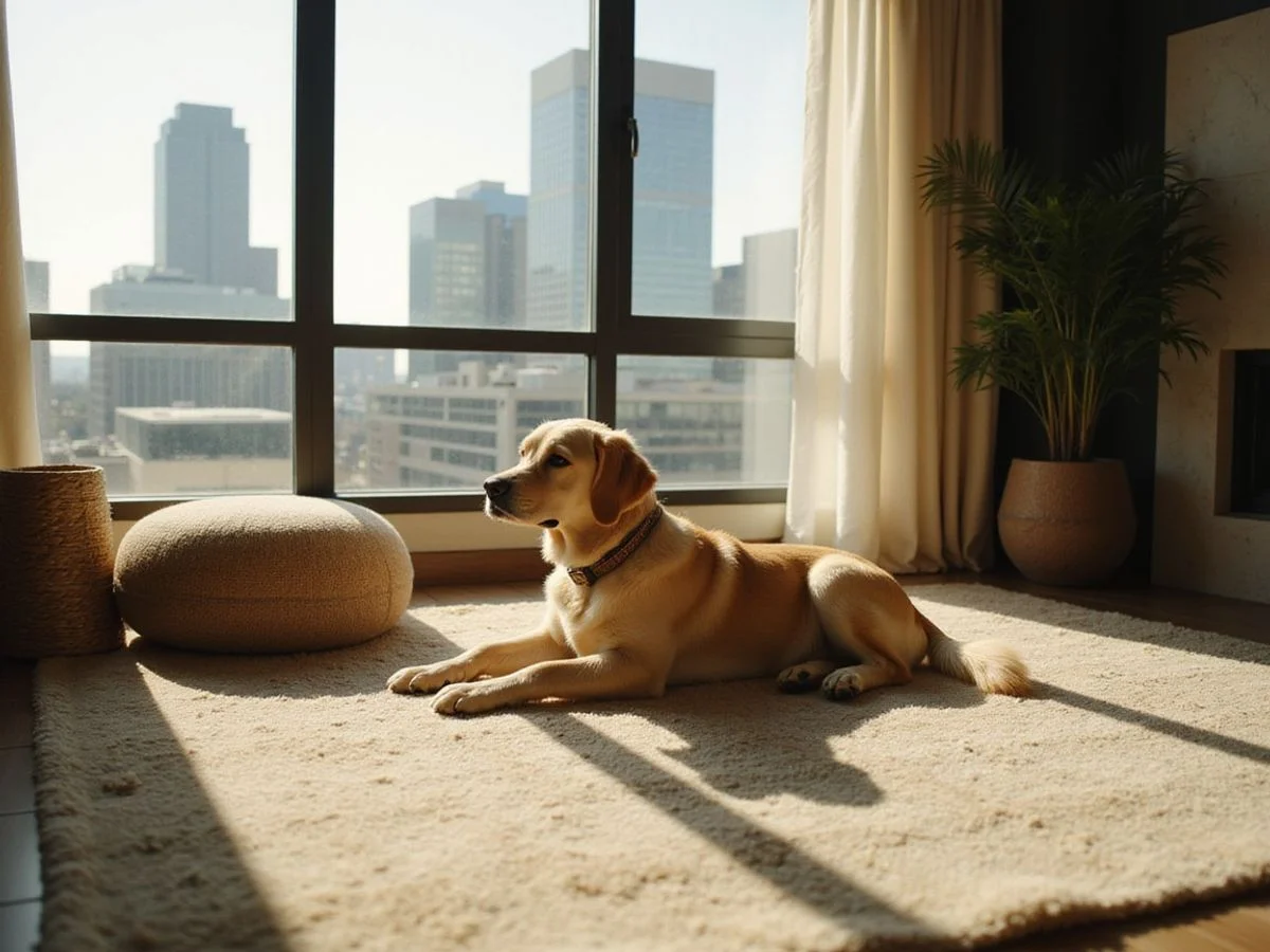 Golden retriever in a sunlit Uptown Dallas high rise living room