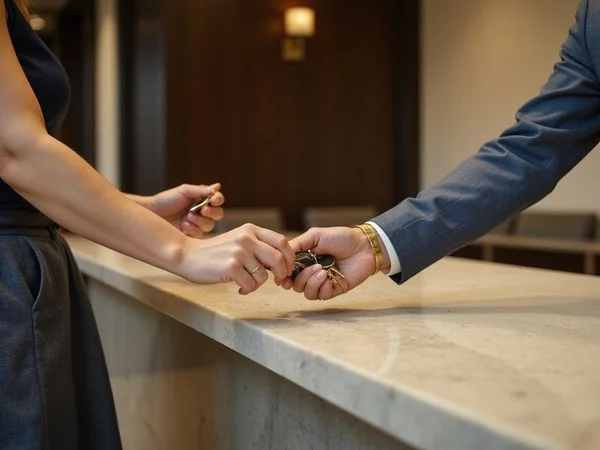 Keys handed to a new resident in a Dallas high rise lobby