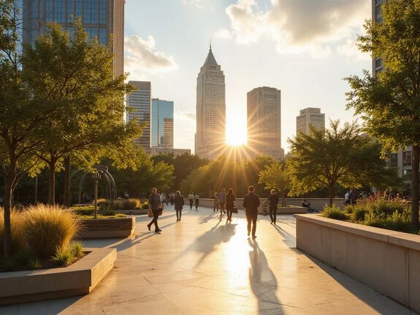 Walkers on Klyde Warren Park with Uptown towers behind