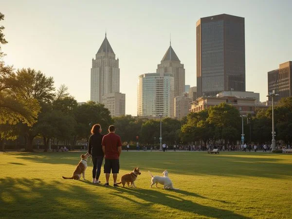 Dogs and owners on the Klyde Warren Park lawn