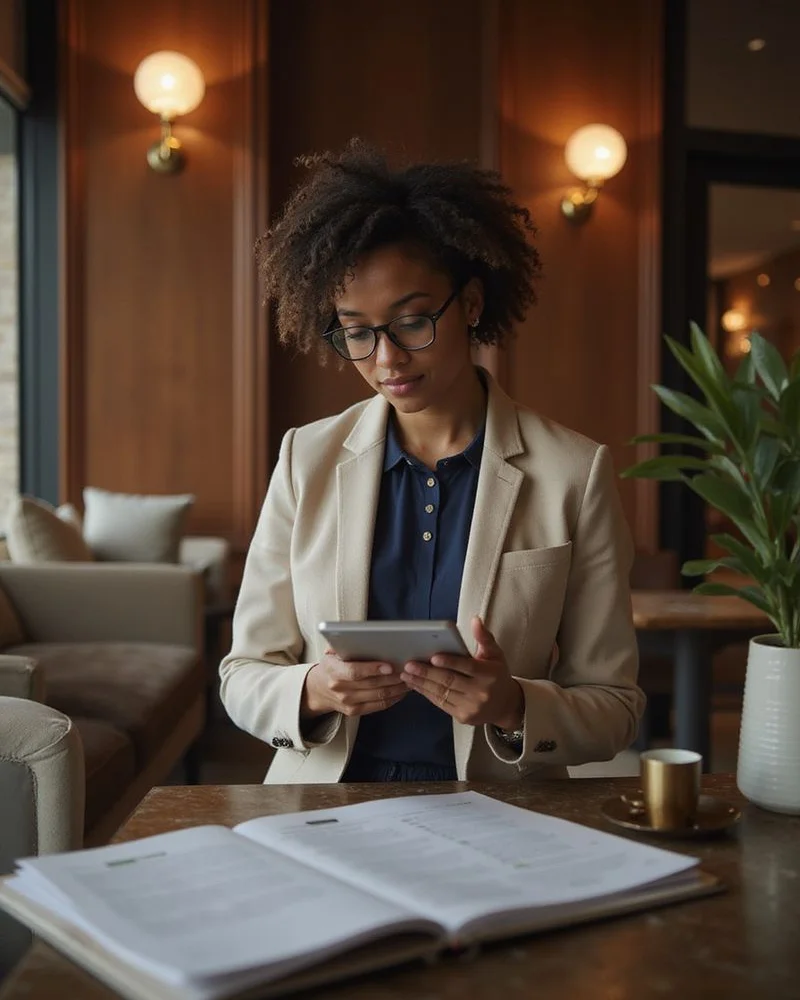 Licensed locator reviewing a high rise shortlist on a tablet in an Uptown leasing lounge