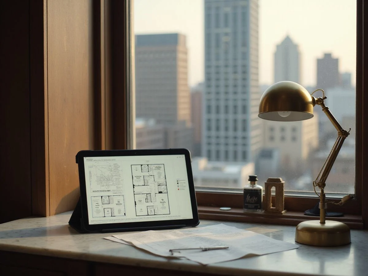 Locator desk with floor plans and a tablet overlooking Uptown Dallas