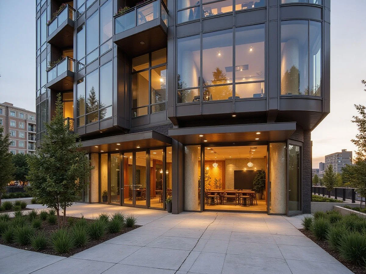Newly completed glass residential tower in Uptown Dallas at golden hour