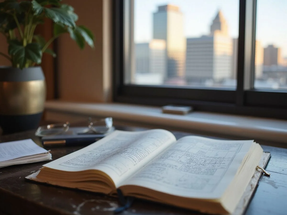 Notebook and building floor plans on a desk overlooking the Dallas skyline