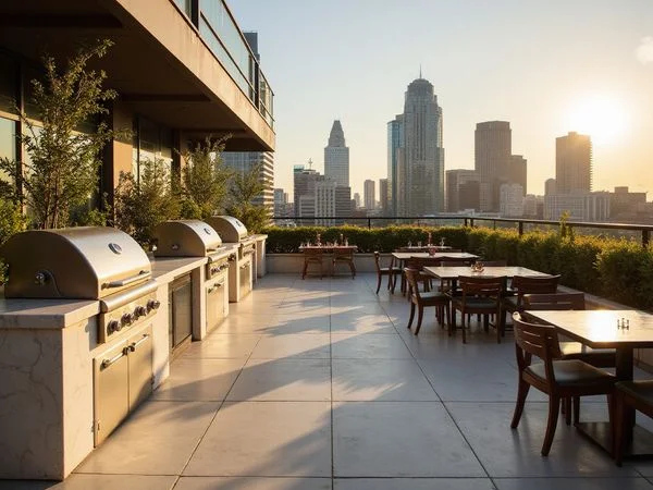 Outdoor grilling stations on a Dallas high rise sundeck