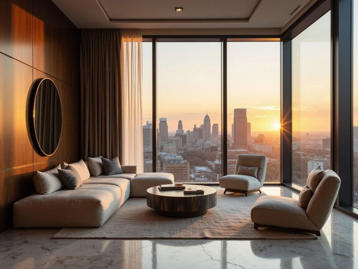 Penthouse living room in a Dallas luxury high rise with marble floors and the Uptown skyline at golden hour