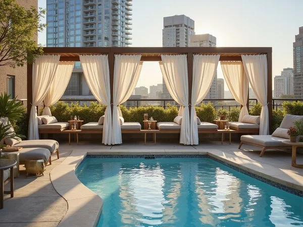Poolside cabanas on a Dallas tower amenity deck