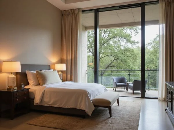 Primary bedroom with floor-to-ceiling glass overlooking the Turtle Creek tree canopy