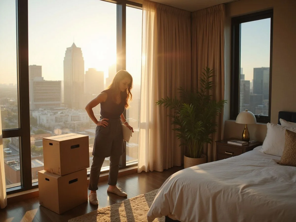 Relocating professional unpacking in a sunlit Dallas high rise apartment with a skyline view