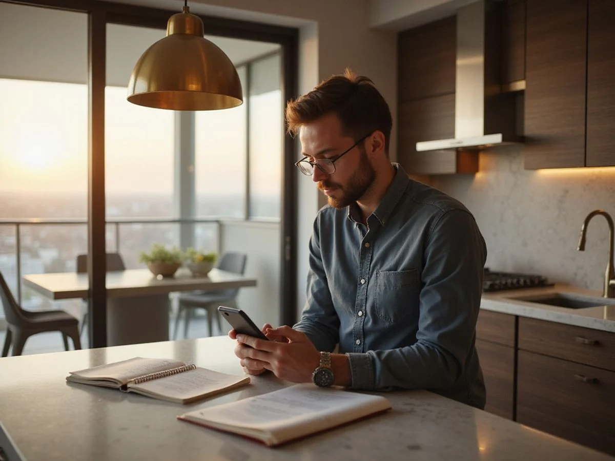 Renter reading an apartment approval email in a sunny Dallas high rise kitchen