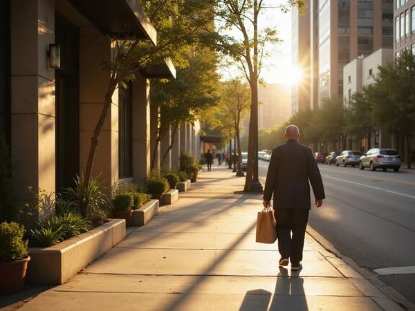 Resident walking with groceries past Uptown towers