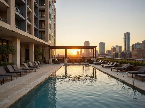 Resort-style pool deck on a Victory Park luxury tower at sunset