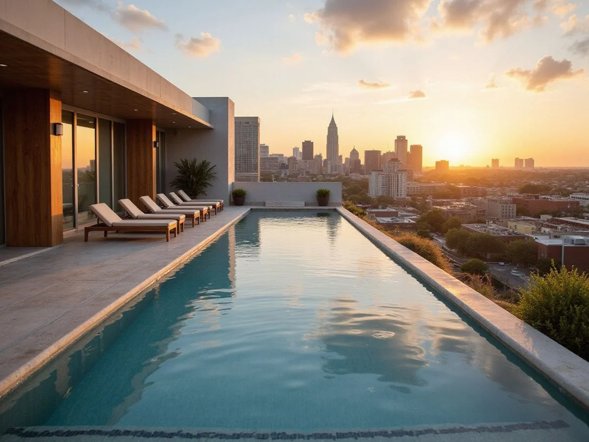 Rooftop infinity pool on a Dallas high rise at golden hour