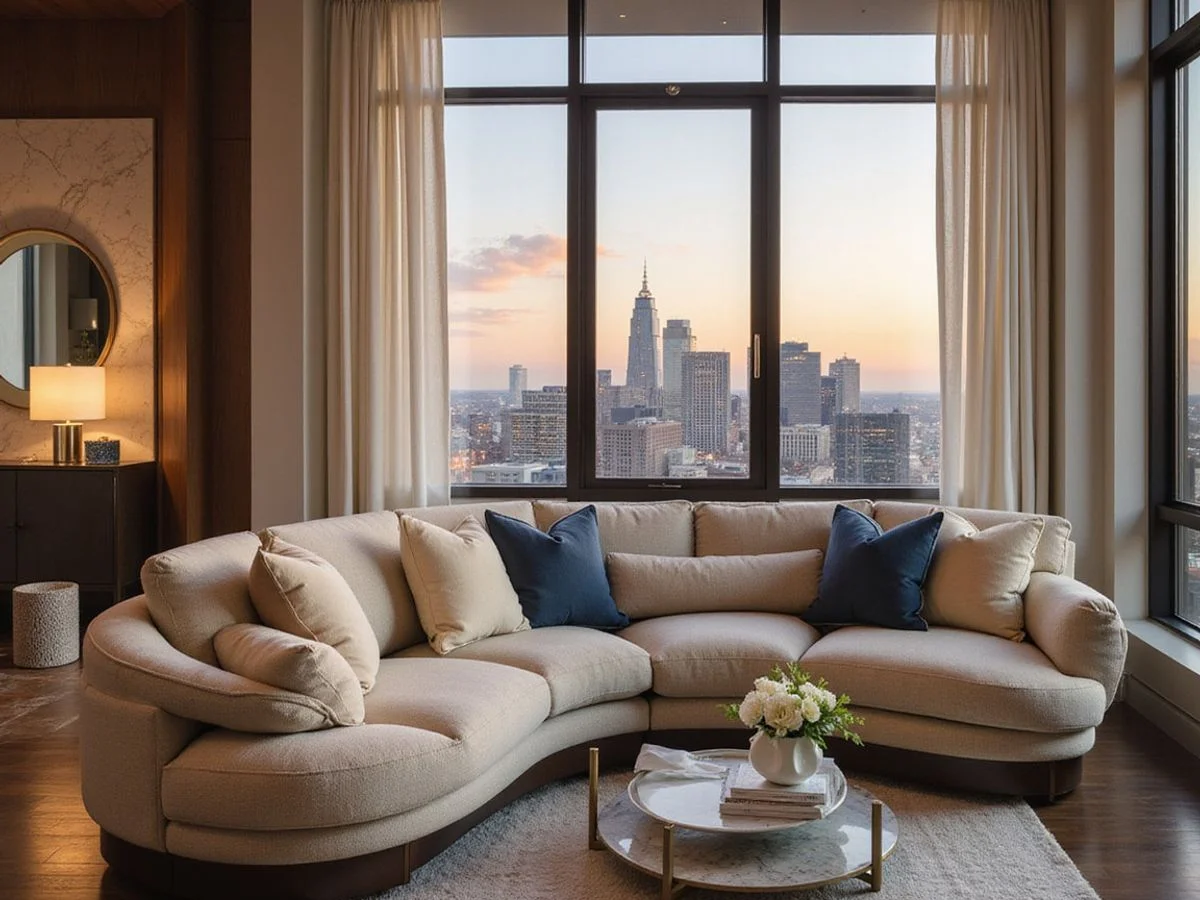 Styled furnished high rise living room in Uptown Dallas at golden hour