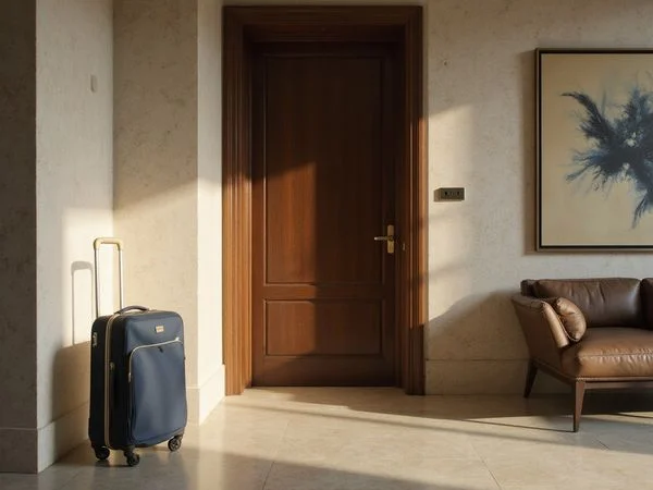 Suitcase by the door of a move-in-ready furnished apartment