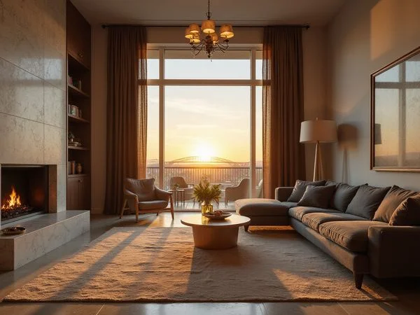 West-facing living room at sunset with the Margaret Hunt Hill Bridge in the distance