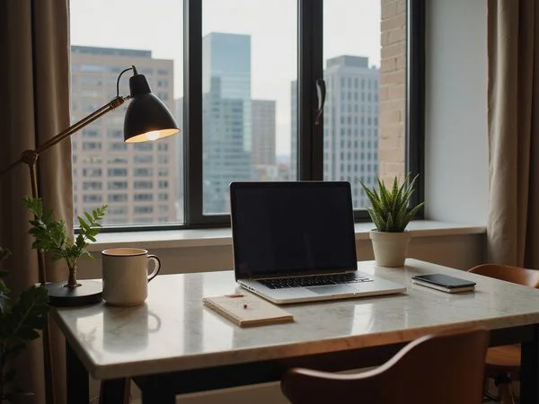 Work desk in a furnished apartment overlooking Downtown Dallas