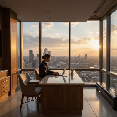 Dallas high rise leasing lounge at golden hour